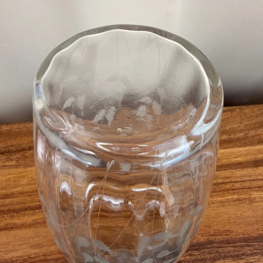 Vintage Hand Blown Optic Glass Vase Etched Floral Scalloped Rim Clear 8 inch